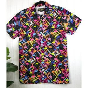Surf Society Short Sleeve Button Shirt Flamingo Print Swim Wear-Men's Medium